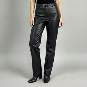 Vintage Black Leather Lined Lower Rise Straight Leg Pants w/ Rhinestone Trim - 8